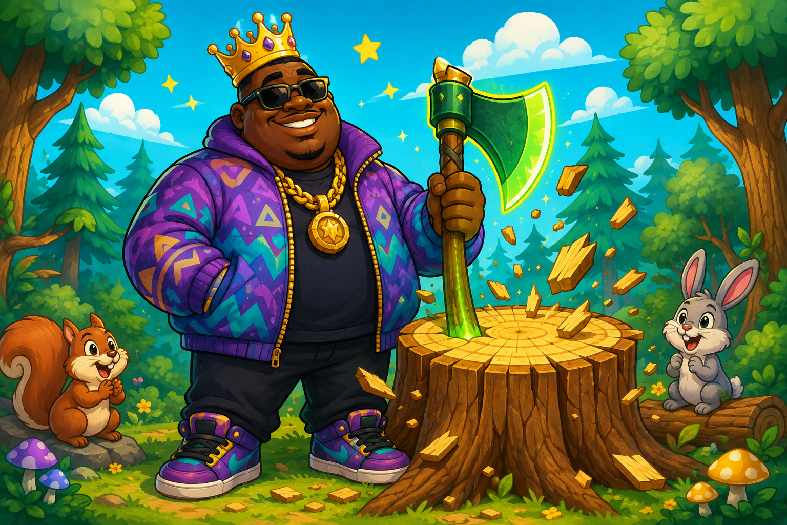 Papa, a smiling crowned cartoon lumberjack in sunglasses and a colorful jacket, beside a tree in a bright woodland.